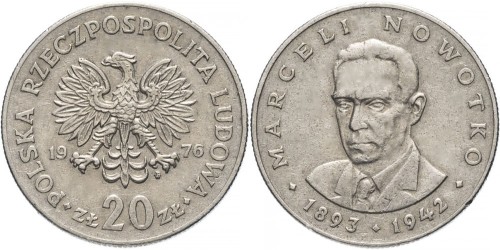20 злотых 1976 Польша — Марсель Новотко (1893 — 1942) — знак монетного двора