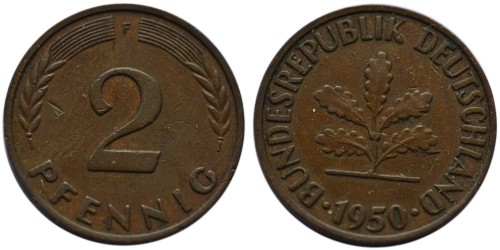 2 пфеннига 1950 «F» ФРГ