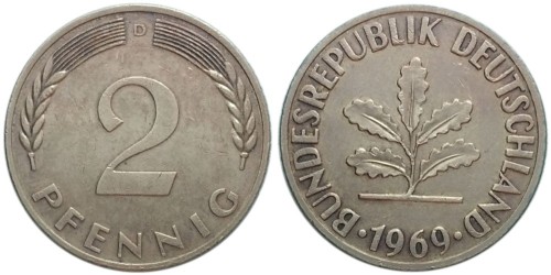 2 пфеннига 1969 «D» ФРГ