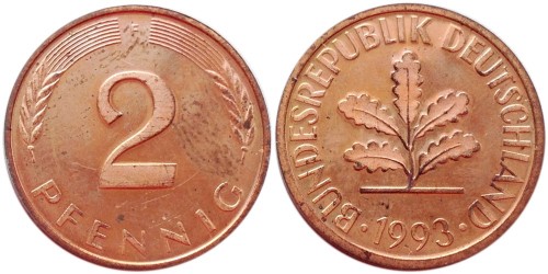 2 пфеннига 1993 «F» Германия