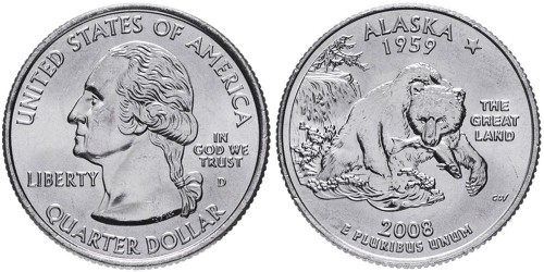 25 центов 2008 D США — Аляска — Alaska UNC