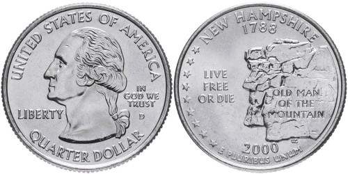 25 центов 2000 D США — Нью-Гэмпшир — New hampshire UNC