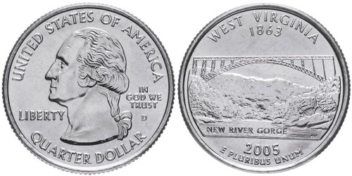 25 центов 2005 D США — Западная Вирджиния (Виргиния) — West Virginia