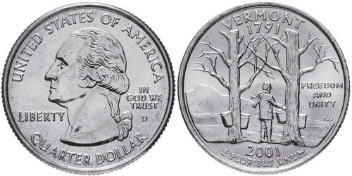 25 центов 2001 D США — Вермонт — Vermont