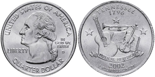 25 центов 2002 D США — Теннесси — Tennessee UNC