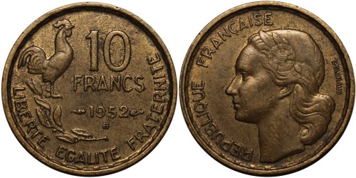 10 франков 1952 Франция — Отметка монетного двора: «B» — Бомон-ле-Роже