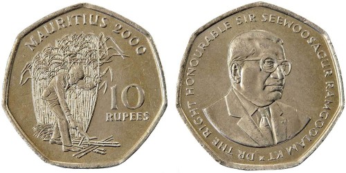 10 рупий 2000 Маврикий