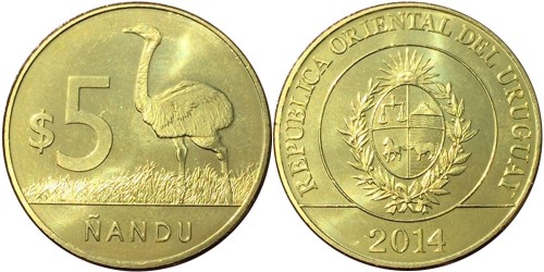 5 песо 2014 Уругвай — Американский страус Нанду