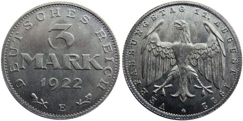3 марки 1922 Германия — 3-я годовщина Веймарской конституции — Е