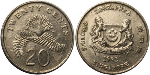 20 центов 1993 Сингапур
