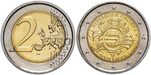 2 евро 2012 Италия — 10 лет евро наличными