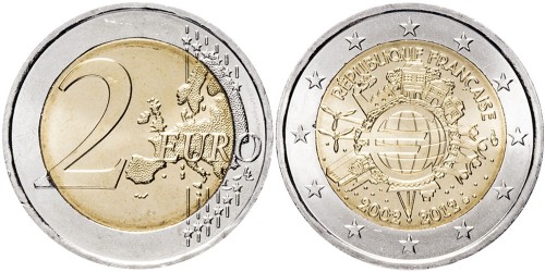 2 евро 2012 Франция — 10 лет евро наличными