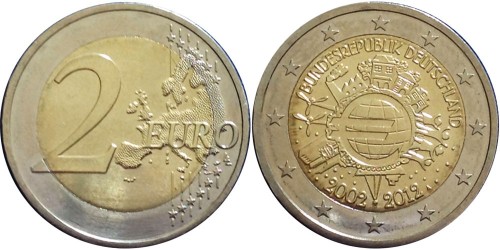 2 евро 2012 «A» Германия — 10 лет евро наличными