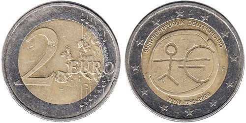2 евро 2009 «F» Германия — 10 лет монетарной политики ЕС (EMU) и введения евро