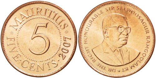 5 центов 2007 Маврикий UNC
