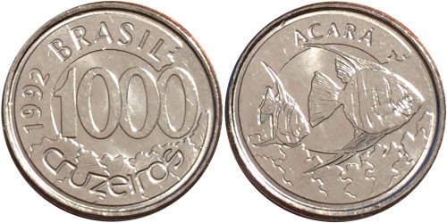 1000 крузейро 1992 Бразилия — Рыба Акара UNC