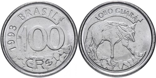100 крузейро реал 1993 Бразилия — Гривистый волк UNC