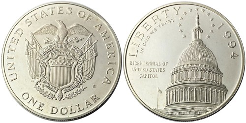 1 доллар 1994 S США — 200 лет Капитолию — серебро