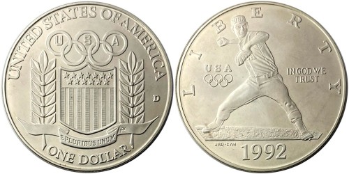 1 доллар 1992 D США — XXV летние Олимпийские Игры, Барселона 1992 — серебро №2