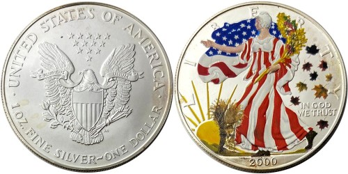 1 доллар 2000 США — Американский серебряный орёл цветная — серебро