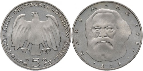 5 марок 1983 «J» Германия — 100 лет со дня смерти Карла Маркса