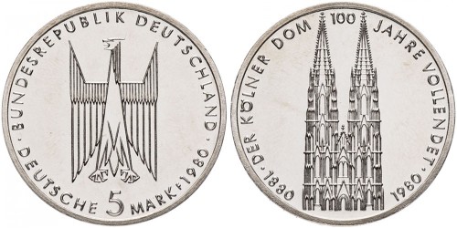 5 марок 1980 «F» Германия — 100 лет со дня окончания строительства Кёльнского собора