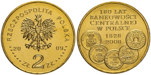 2 злотых 2009 Польша — 180 лет центральному банку Польши