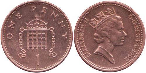 1 пенни 1992 Великобритания — сталь с медным покрытием — магнитная