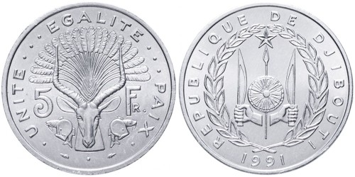 5 франков 1991 Джибути UNC
