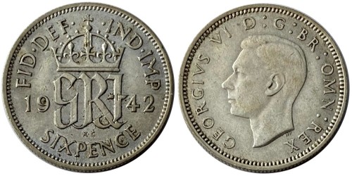 6 пенсов 1942 Великобритания — серебро