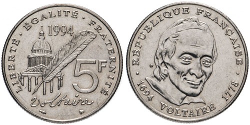 5 франков 1994 Франция — 300 лет со дня рождения Вольтера