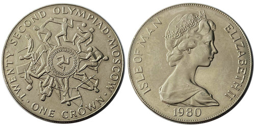 1 крона 1980 остров Мэн — XXII летние Олимпийские Игры — Москва 1980 — метатель копья вверху монеты