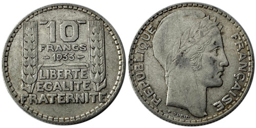 10 франков 1933 Франция — серебро №9
