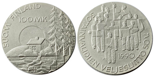 100 марок 1990 Финляндия — 50 лет Ассоциации ветеранов-инвалидов войны — серебро
