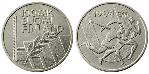 100 марок 1994 Финляндия — Стадион Дружбы — серебро