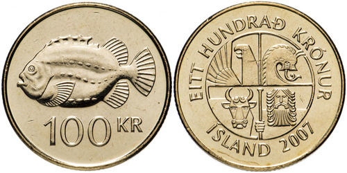 100 крон 2007 Исландия — Пинагор (Рыба-воробей) UNC
