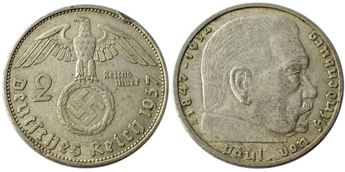 2 рейхсмарки 1937 «А» Германия — серебро №1