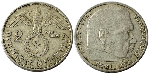 2 рейхсмарки 1937 «А» Германия — серебро №2
