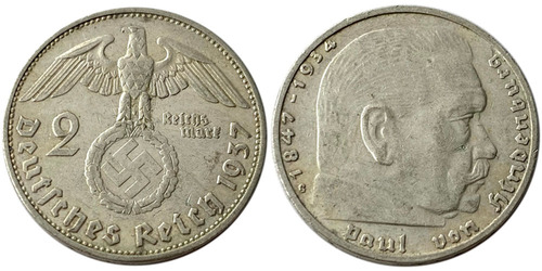 2 рейхсмарки 1937 «G» Германия — серебро