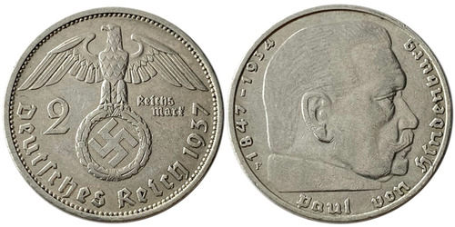 2 рейхсмарки 1937 «F» Германия — серебро №1