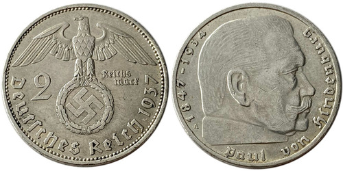 2 рейхсмарки 1937 «А» Германия — серебро №5
