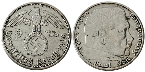 2 рейхсмарки 1939 «А» Германия — серебро