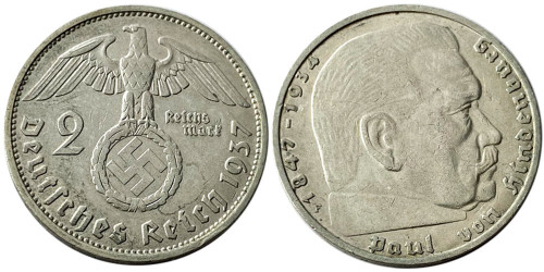 2 рейхсмарки 1937 «F» Германия — серебро №3