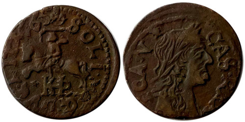 1 солид (боратинка) 1665 Польша — Герб Литвы на реверсе — платок на шее рыцаря