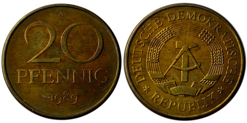 20 пфеннигов 1989 «А» ГДР UNC