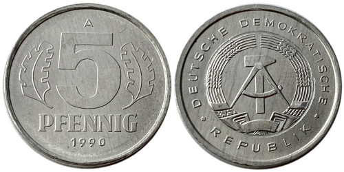5 пфеннигов 1990 «А» ГДР UNC