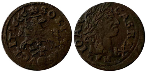 1 солид (боратинка) 1666 Польша — Герб Литвы на реверсе — Отметка МД «GFH», голова оленя под лошадью