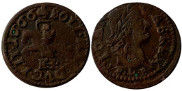1 солид (боратинка) 1666 Польша — Герб Литвы — Отметка МД «TLB», без платка на шее рыцаря №4