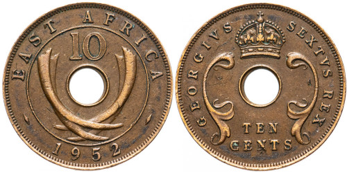 10 центов 1952 Британская Восточная Африка — Без отметки монетного двора