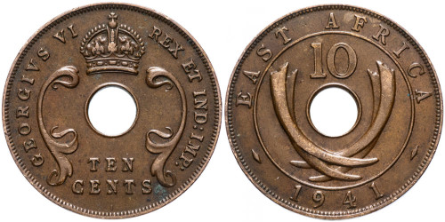 10 центов 1941 Британская Восточная Африка — Отметка монетного двора: «I» — Бомбей